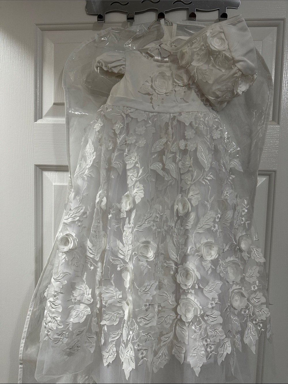 White Floral Embroidered Kids Dress with Puff Sleeves